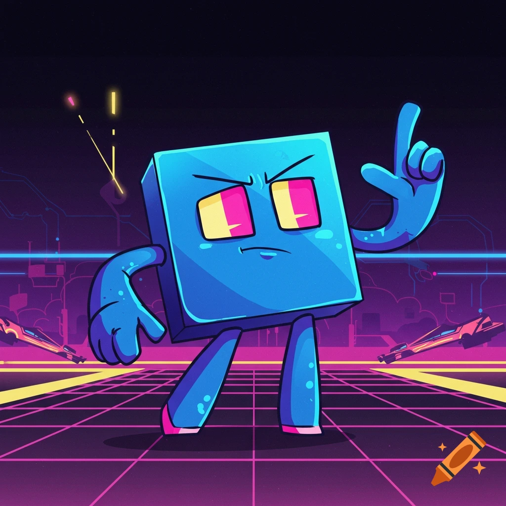 A cartoon blue square character with expressive eyes and hands points upwards against a vibrant retro grid background with neon lines and shapes.