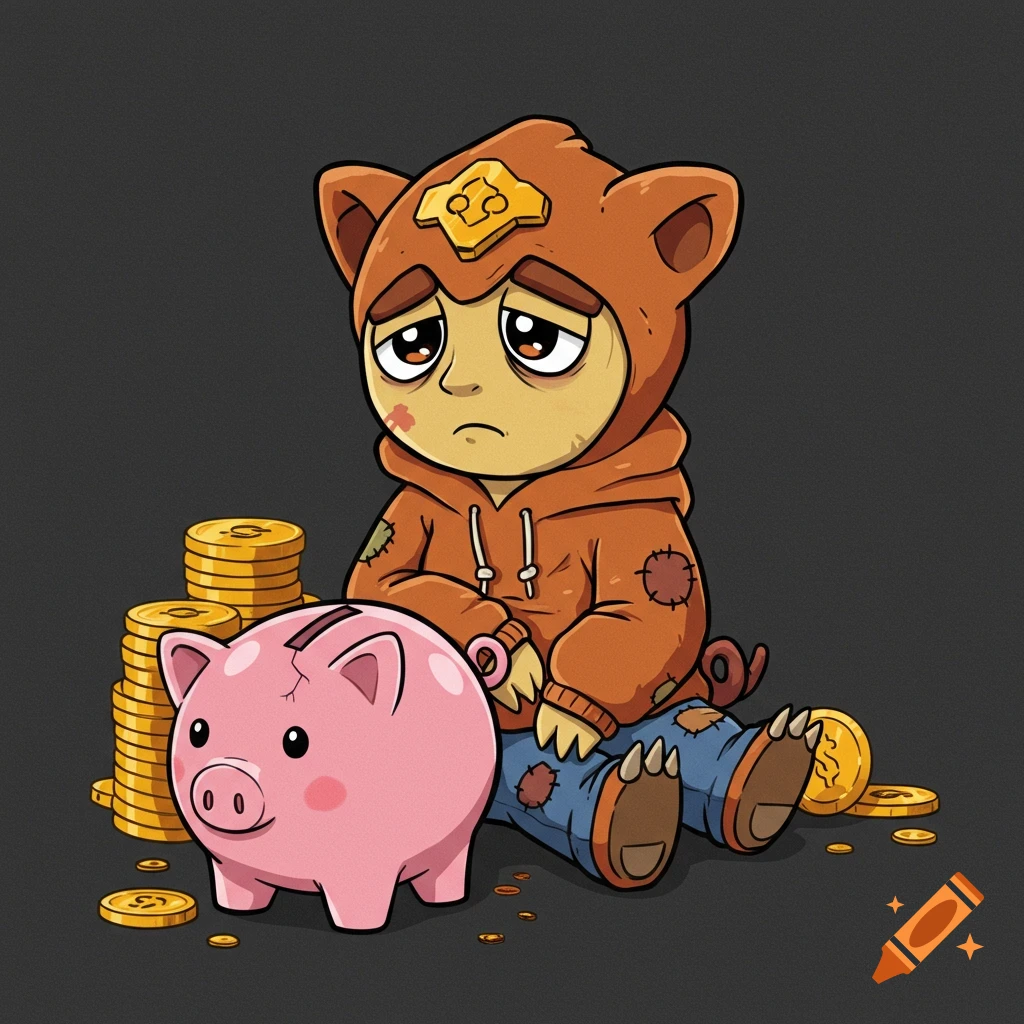 Sad cartoon character in an animal hoodie sits next to a broken piggy bank and coins.