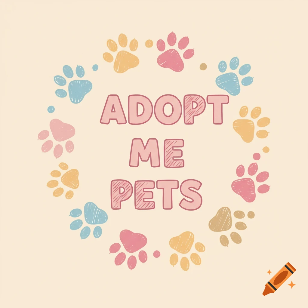 Text 'ADOPT ME PETS' circled by colorful paw prints