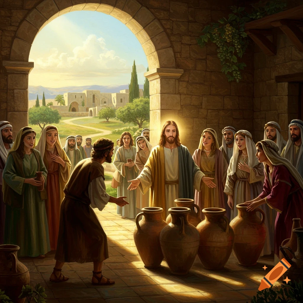 An image shows Jesus at the Marriage at Cana, standing among people and large water pots in an ancient setting.