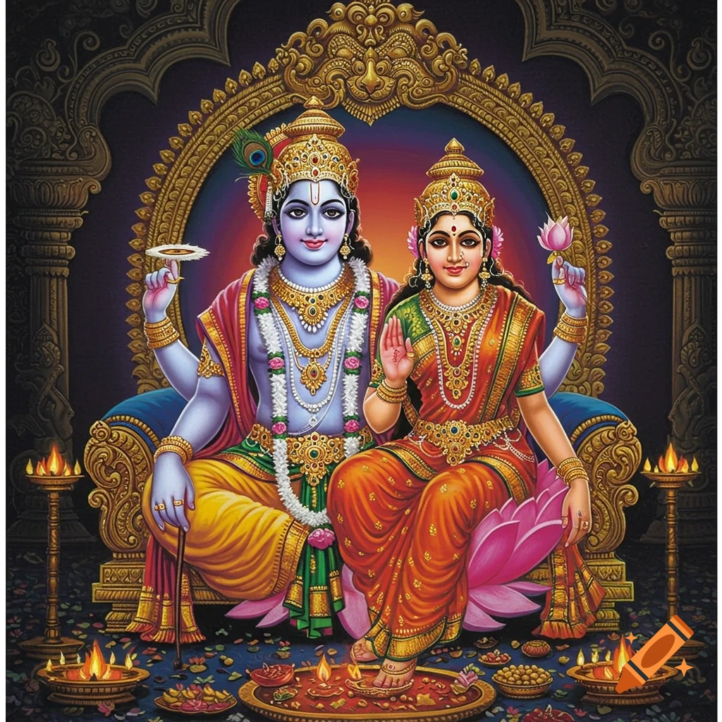 Painting of Hindu deities Vishnu and Lakshmi on a throne