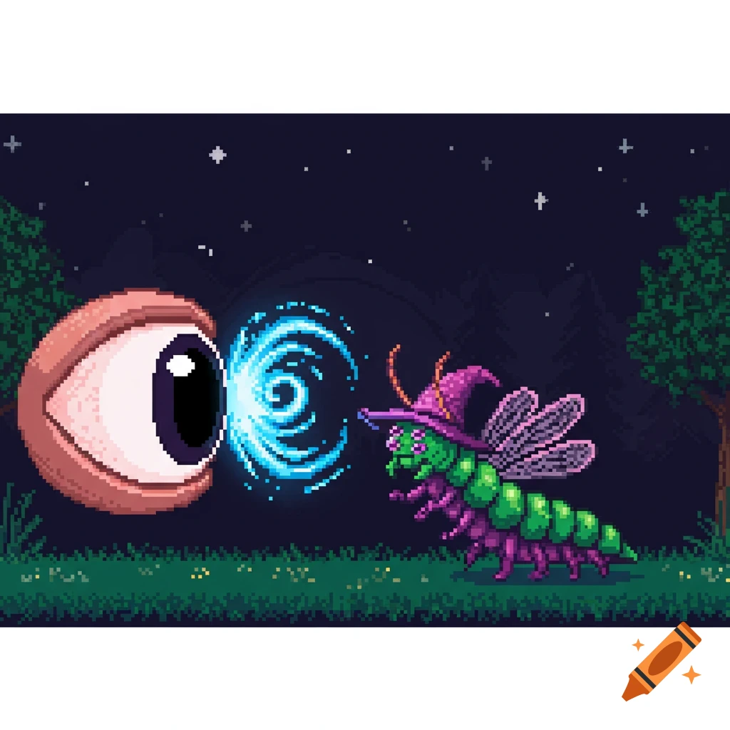 A pixel art eye shoots blue magic at a bug wizard with wings and a purple hat in a forest at night.