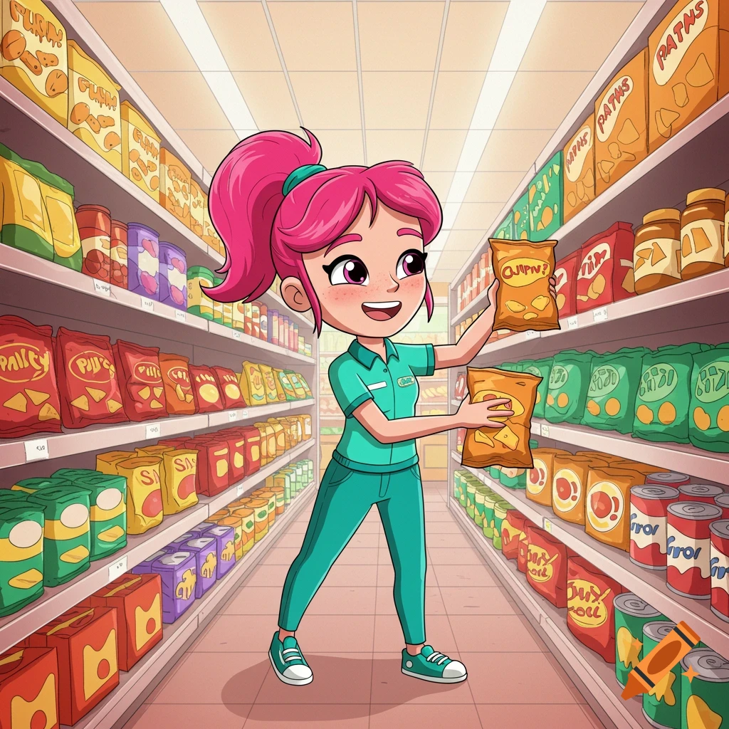 Cartoon woman with pink hair stocking shelves in a grocery store