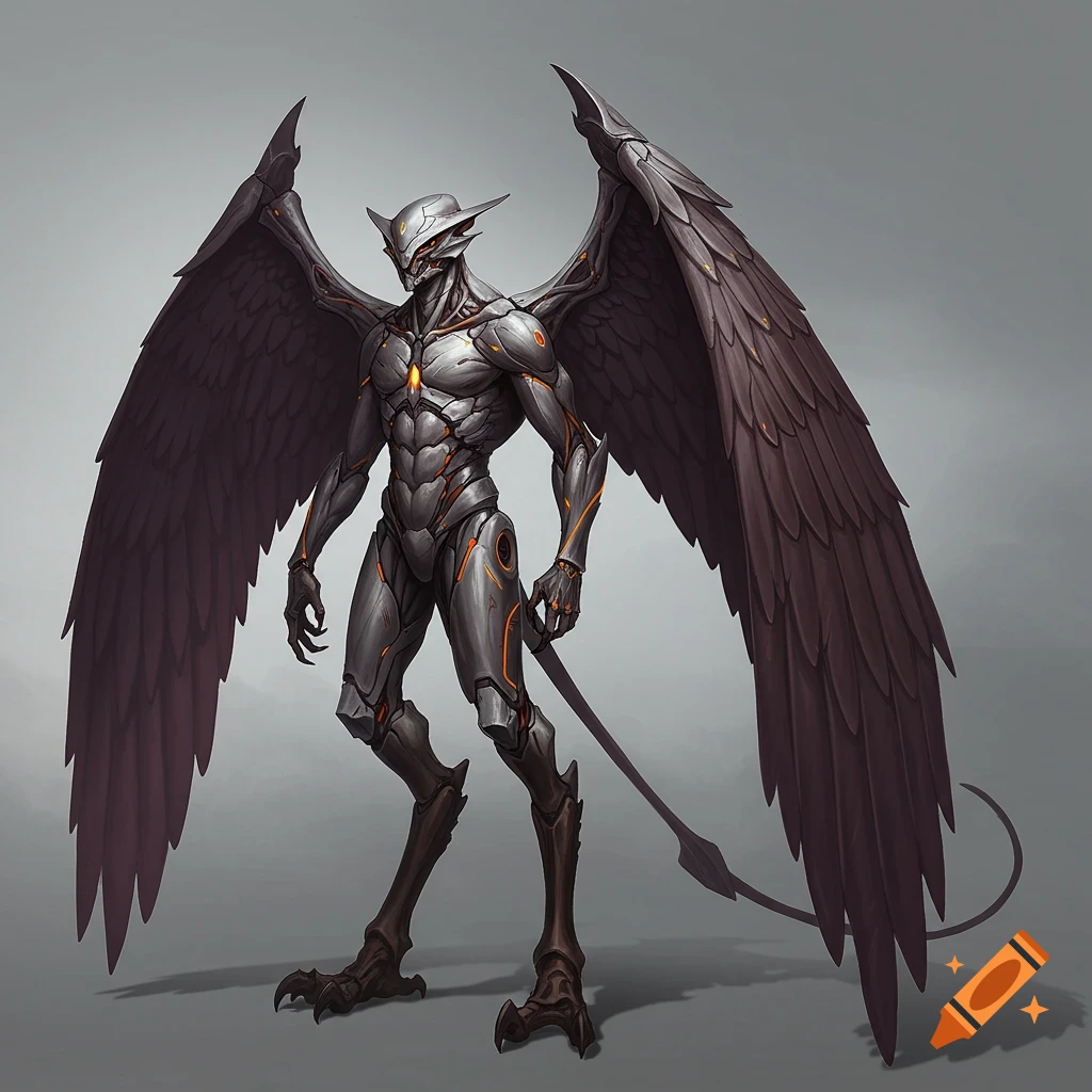 A winged robot demon with talons and glowing orange accents.