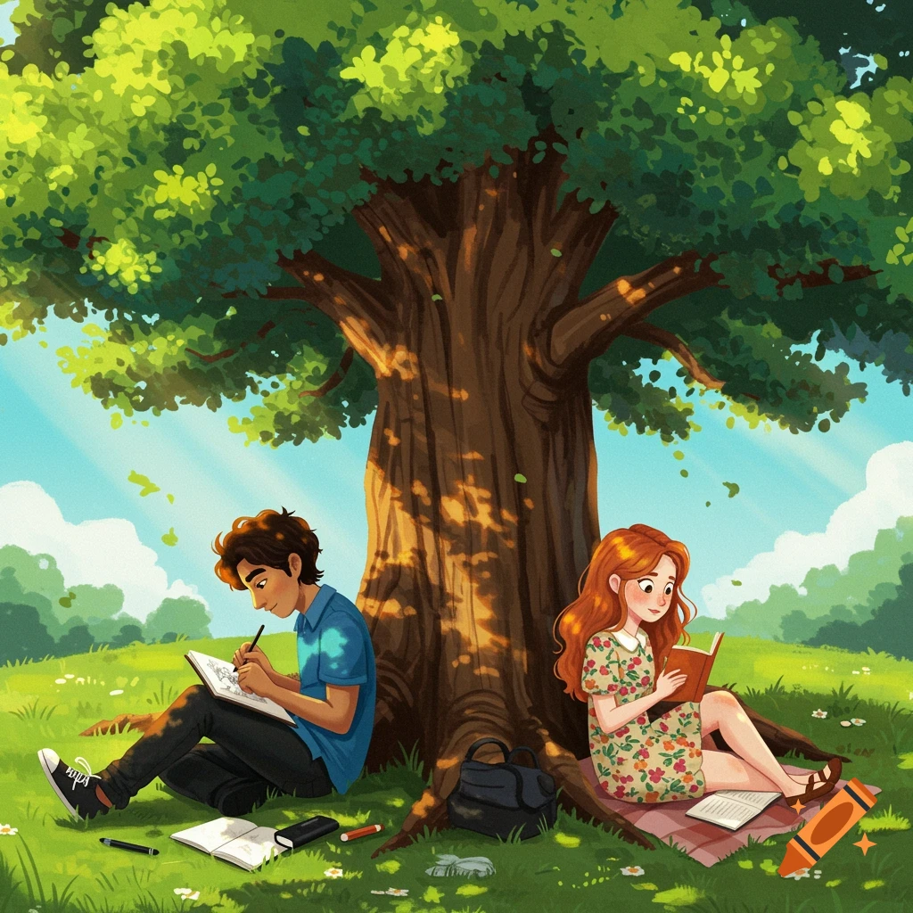 An illustration of a young man drawing and a young woman reading under a large tree in a park.