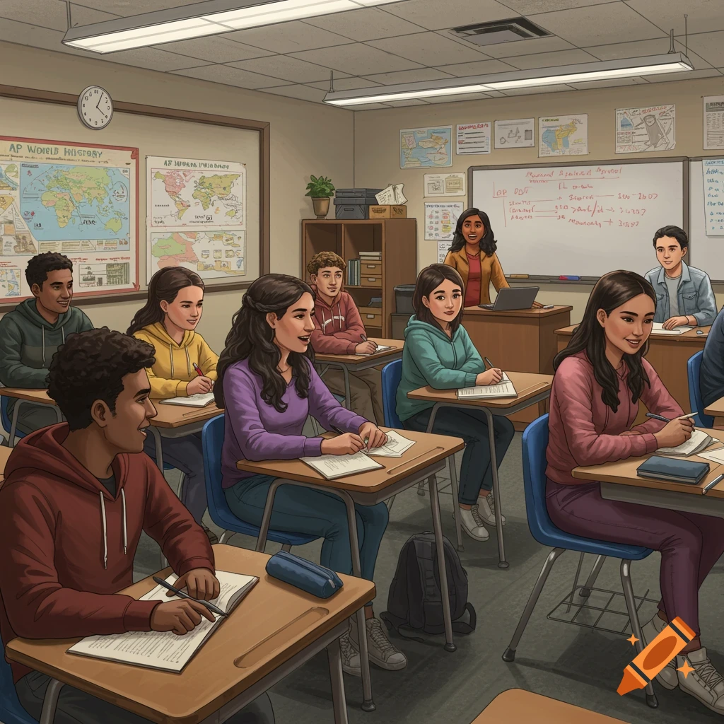 A diverse group of students and a teacher in a brightly lit classroom.