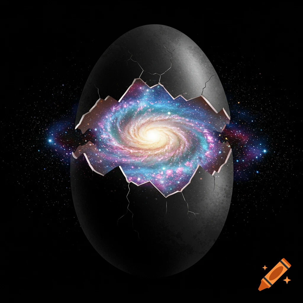 A cracked black egg shell reveals a vibrant galaxy swirling inside against a starry black background.