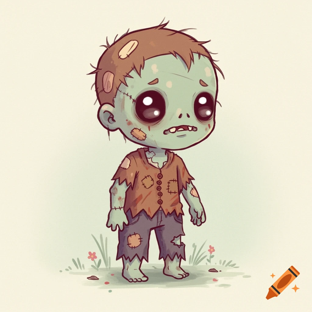 A cute, cartoon-style chibi zombie stands looking forward. It has patches on its clothes and skin, big eyes, and spiky hair.