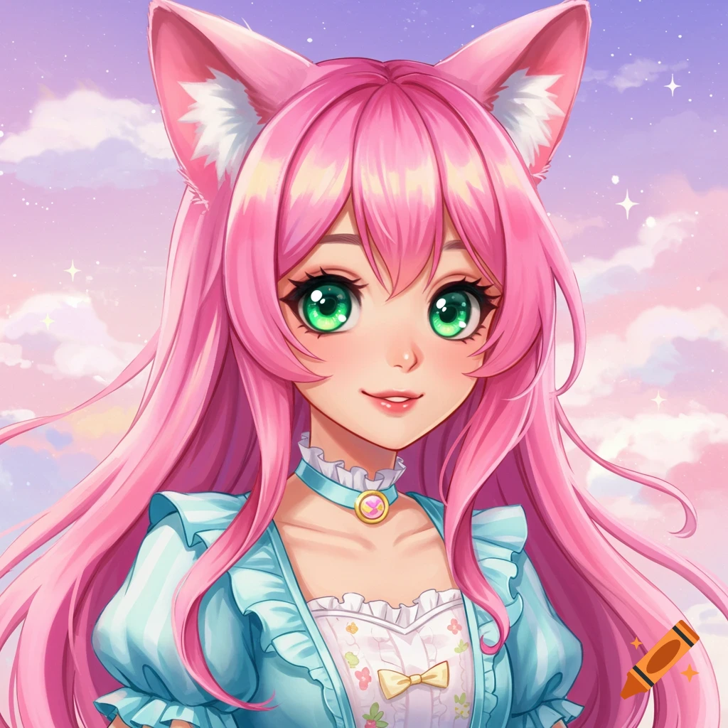 Anime portrait of a girl with pink hair and cat ears, green eyes, wearing a blue dress