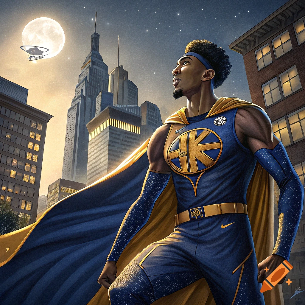A muscular man in a blue and gold superhero costume stands on a rooftop overlooking a city at night.