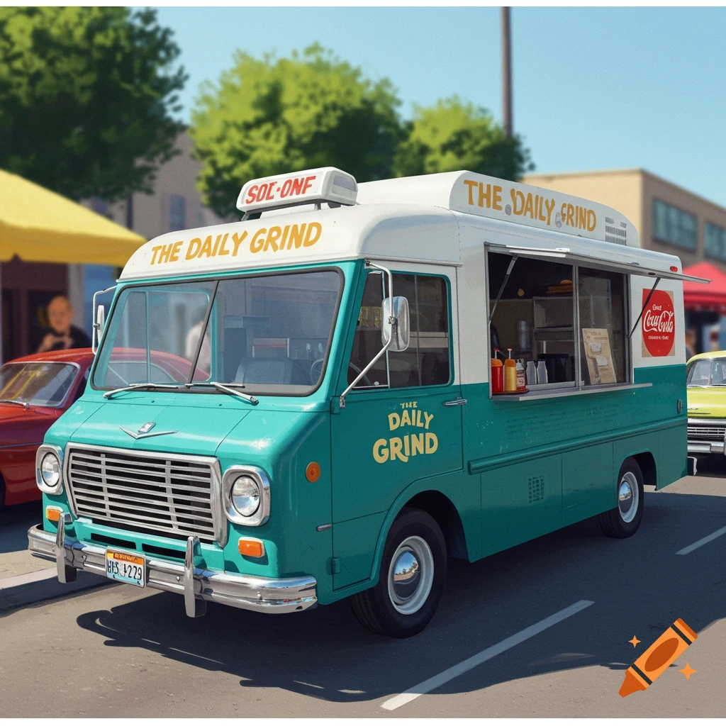 A teal and white food truck parked on a sunny street.