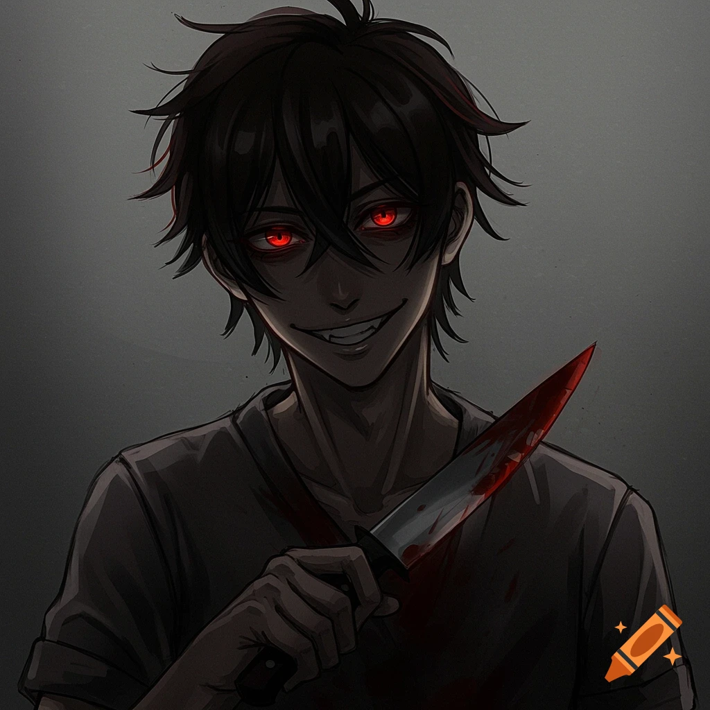 An anime man with red eyes and a sinister smile holds a bloody knife.