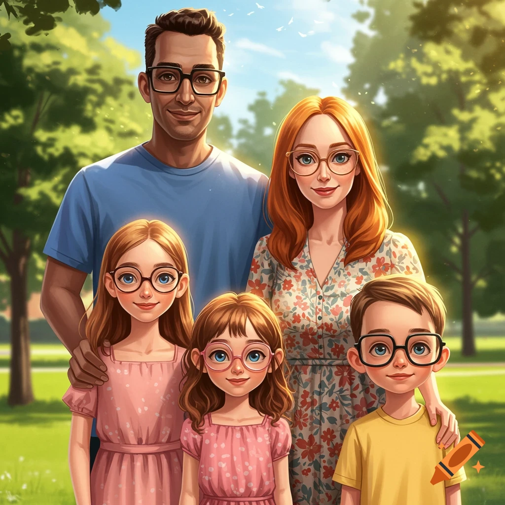 A family wearing glasses is in a sunny park.