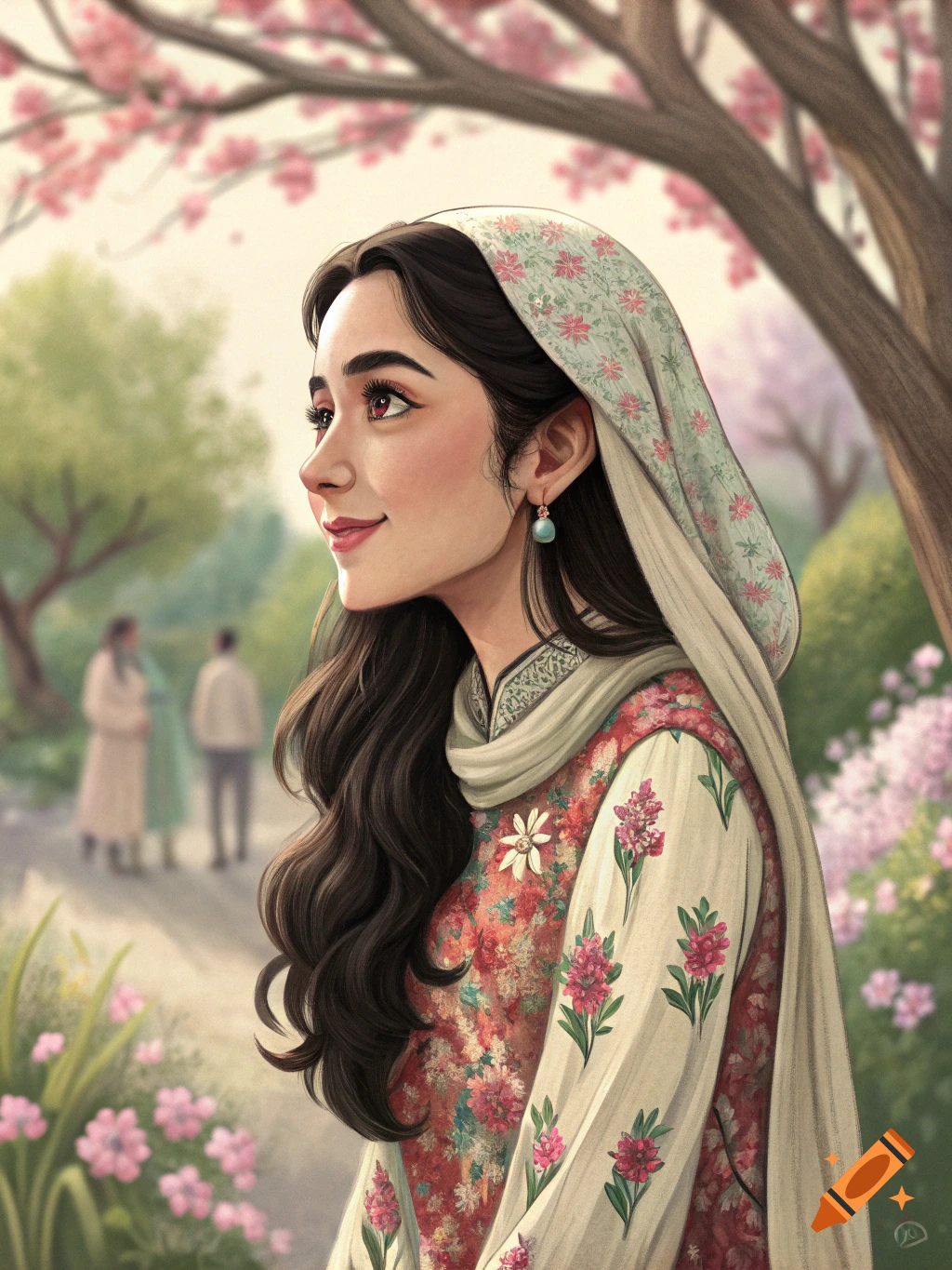 A young woman in a floral dress and headscarf is in a park with blooming trees.