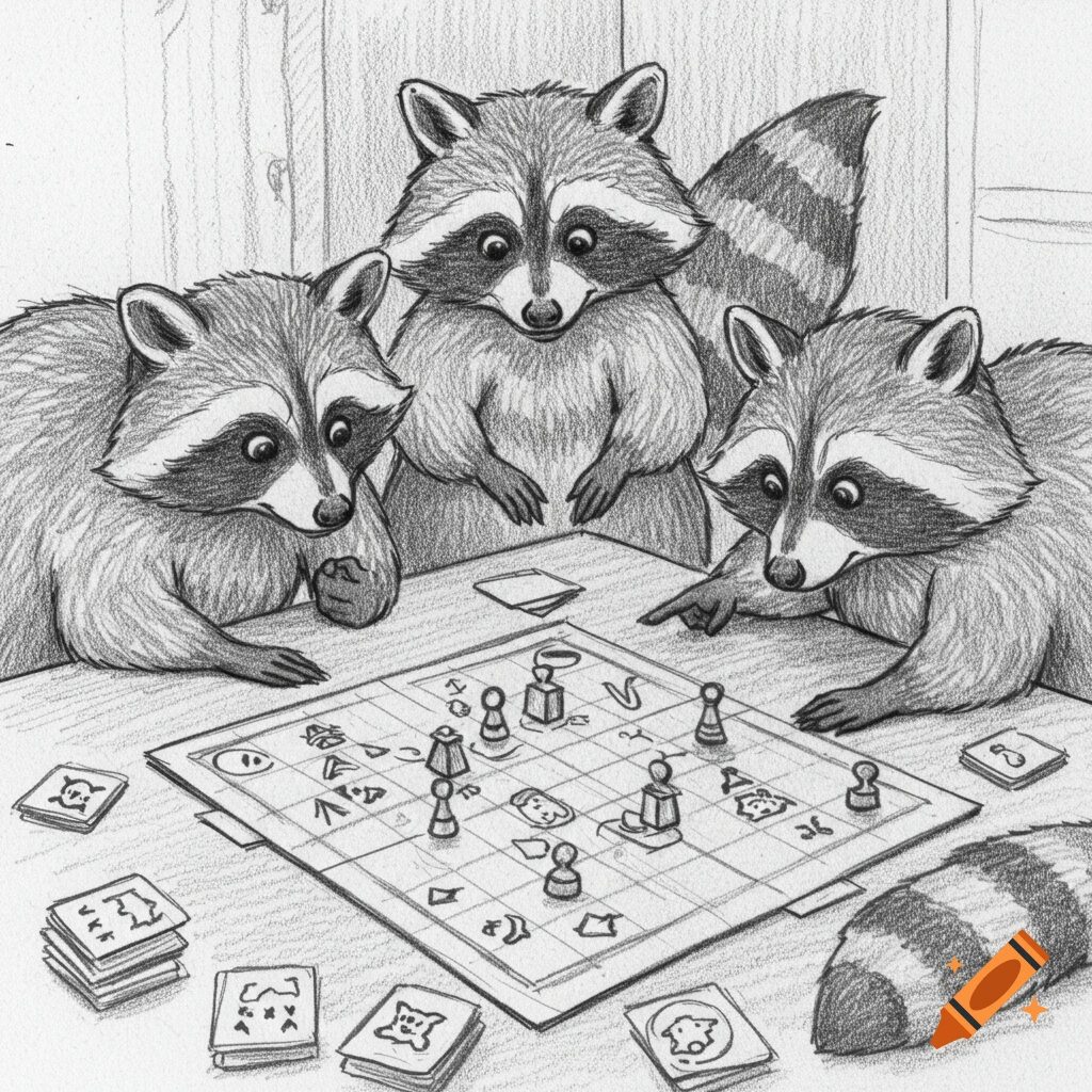 Three raccoons play a board game in a pencil sketch.