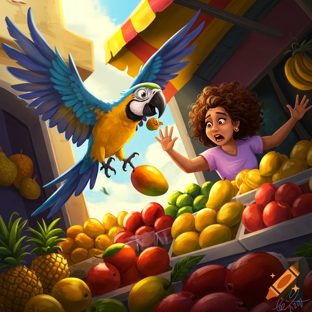A macaw is stealing a mango from a fruit stand vendor.