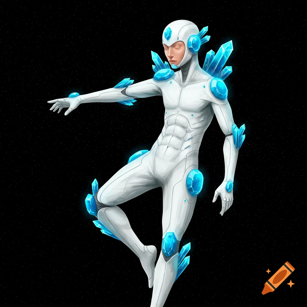A person in a white futuristic suit adorned with blue crystals on a black background.