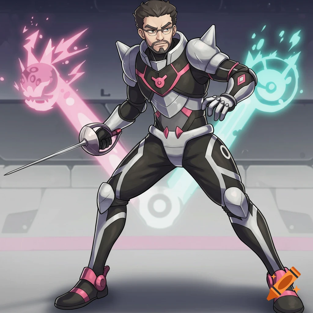Anime man in black and white armour holding a sword with pink and blue energy effects