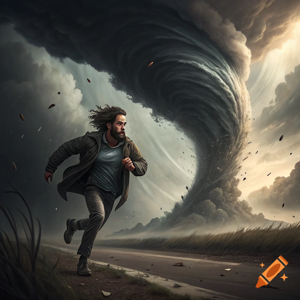 A man runs away from a large tornado in a field.