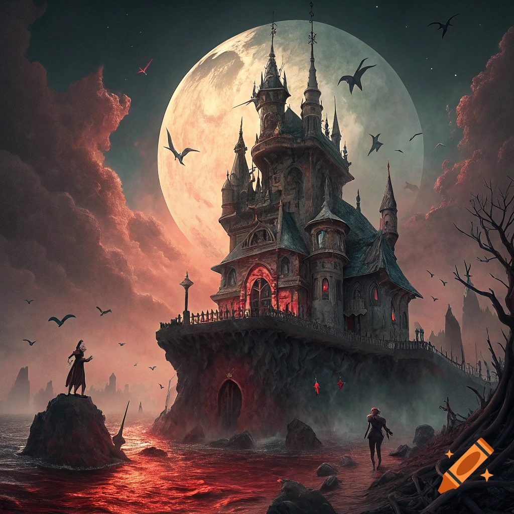 A gothic castle on a cliff overlooking a blood-red sea under a full moon, with figures and birds in a dark fantasy style.