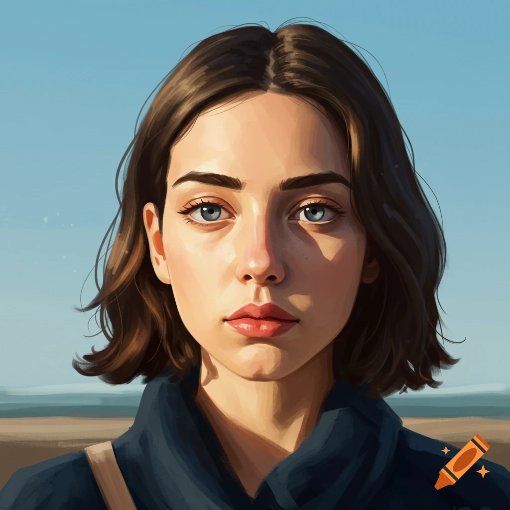 A portrait of a woman with short brown hair and blue eyes, against a beach background.
