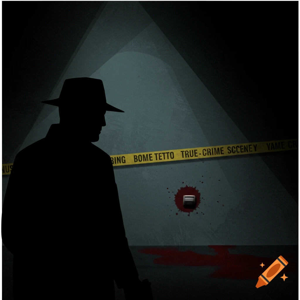 A dark digital illustration of a silhouette figure at a crime scene with yellow tape and blood.