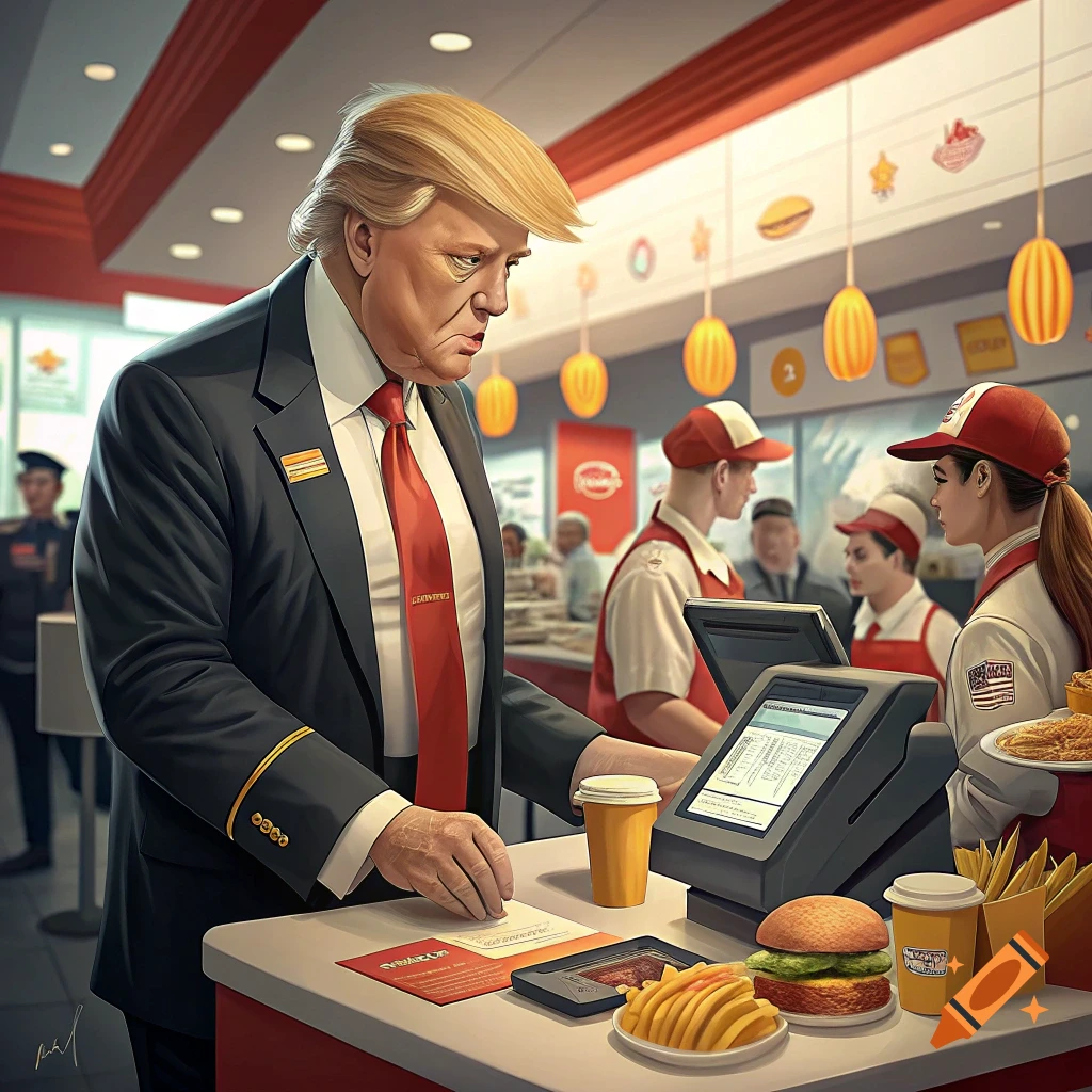 Donald Trump standing at the counter of a fast-food restaurant