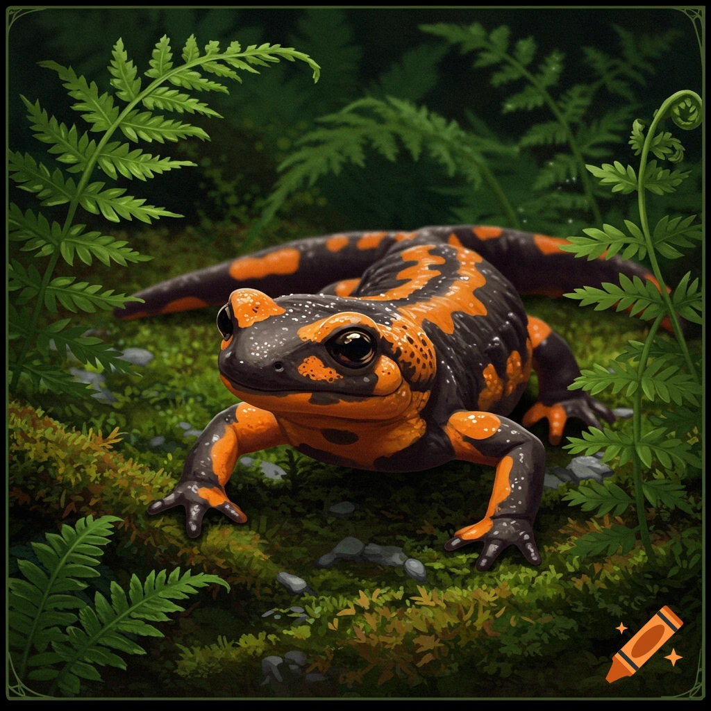 A fire salamander rests on moss and leaves in a forest.