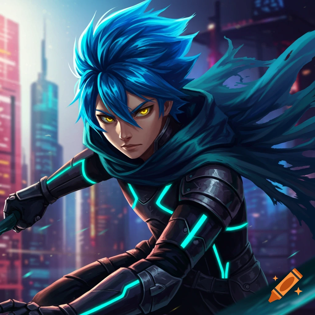 An anime character with blue hair and yellow eyes in armor