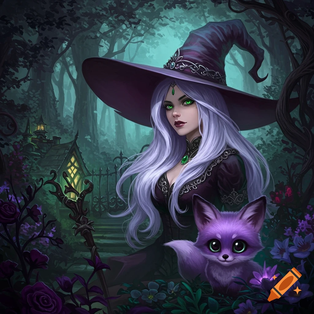 A witch with long purple hair and a purple fox in a dark, magical forest.