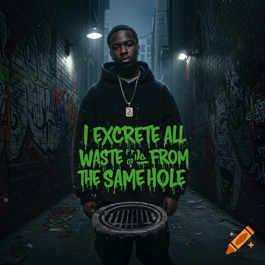 A man in a dark alley with green text on his sweatshirt holds a manhole cover, styled as a rap album cover.