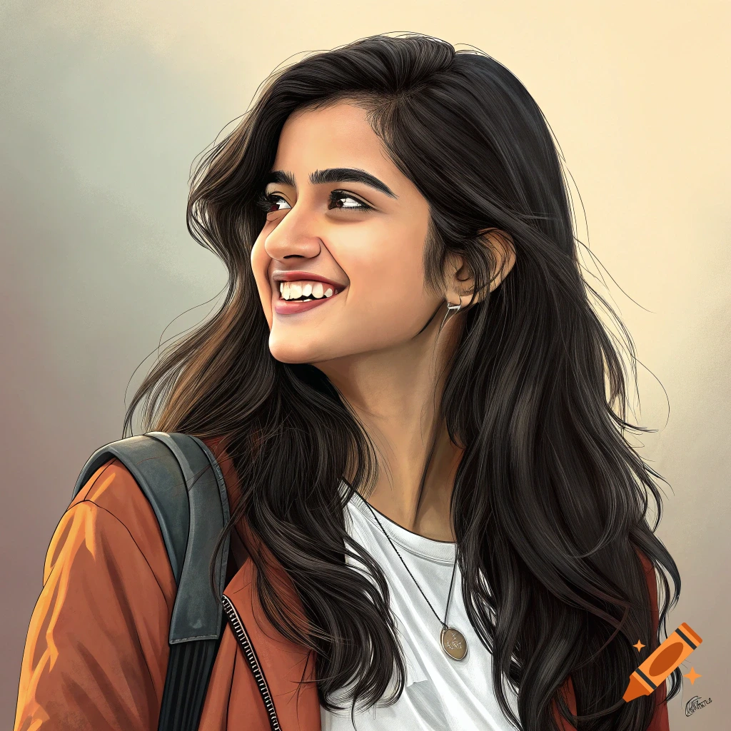 A smiling young woman with long dark hair, wearing a jacket and backpack, looking away.