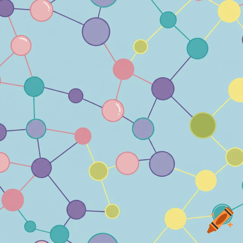 Colorful circles connected by lines form a pattern on a light blue background.