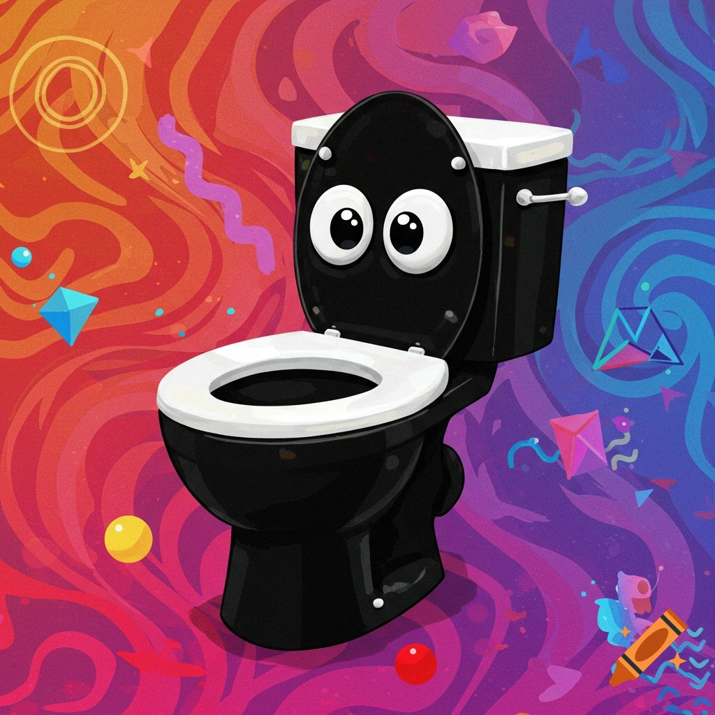 A black cartoon toilet with eyes in a vibrant, colorful abstract background.