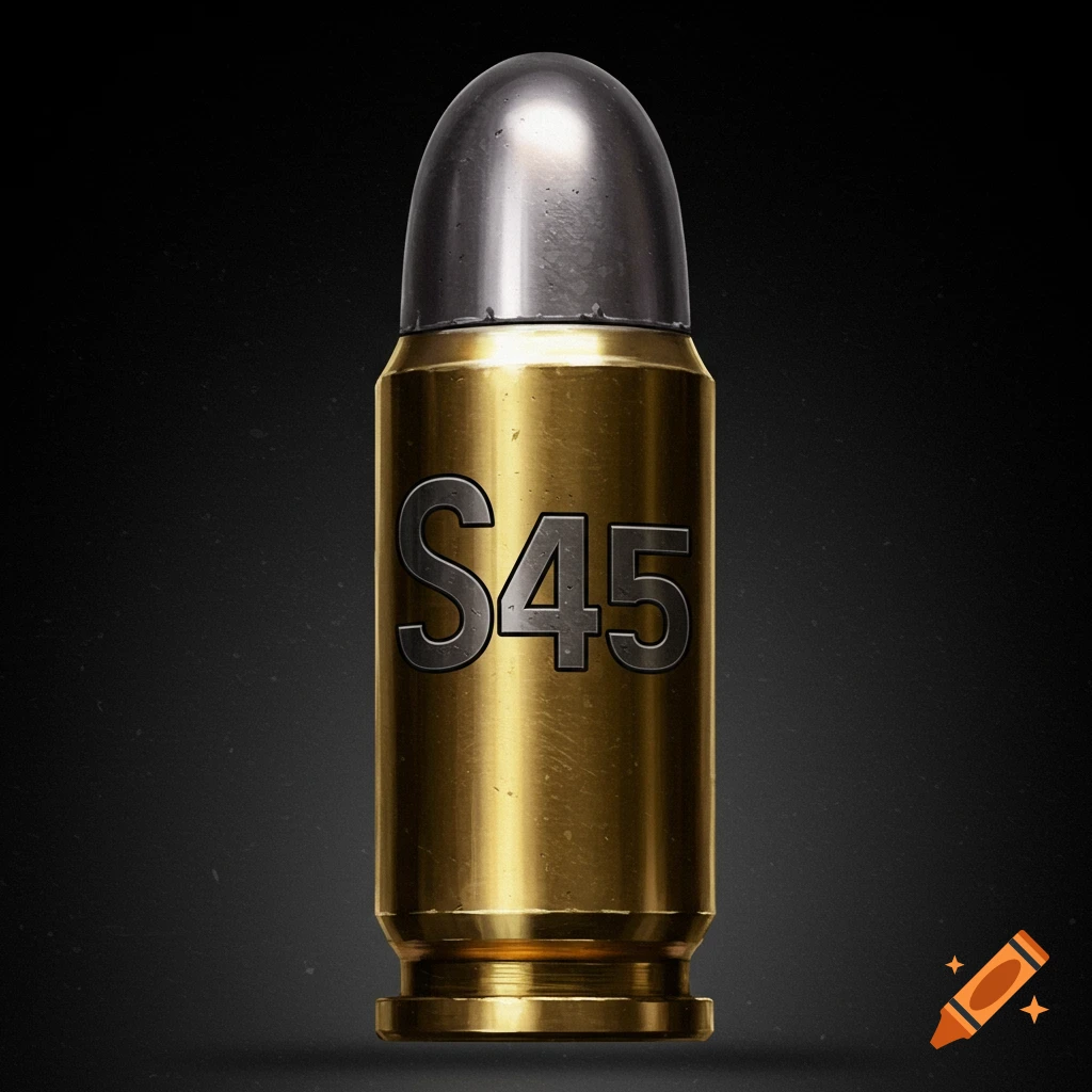 Close-up of a stylized gold bullet casing with S45 etched on the side.