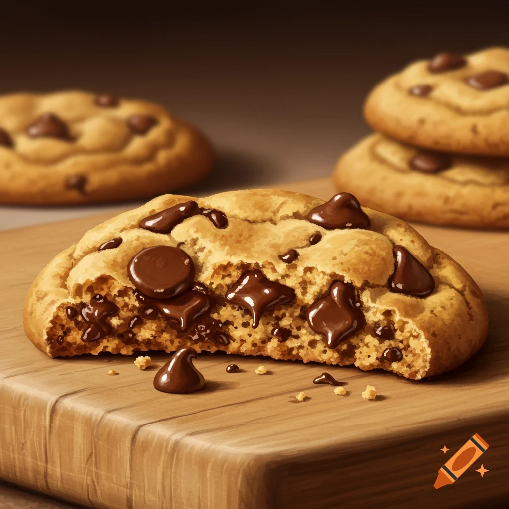 Chocolate chip cookies are arranged on a wooden board, with one cookie broken open.