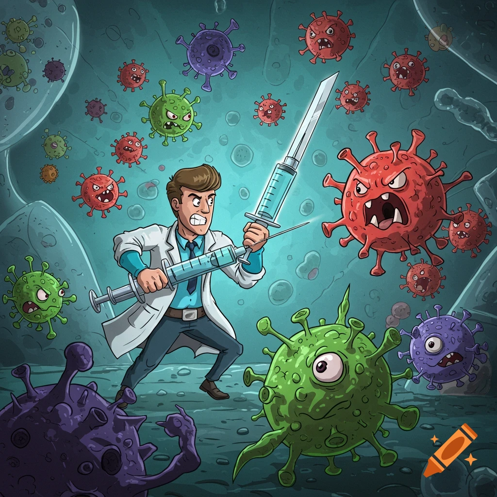 Cartoon doctor fighting colorful viruses with a giant syringe.