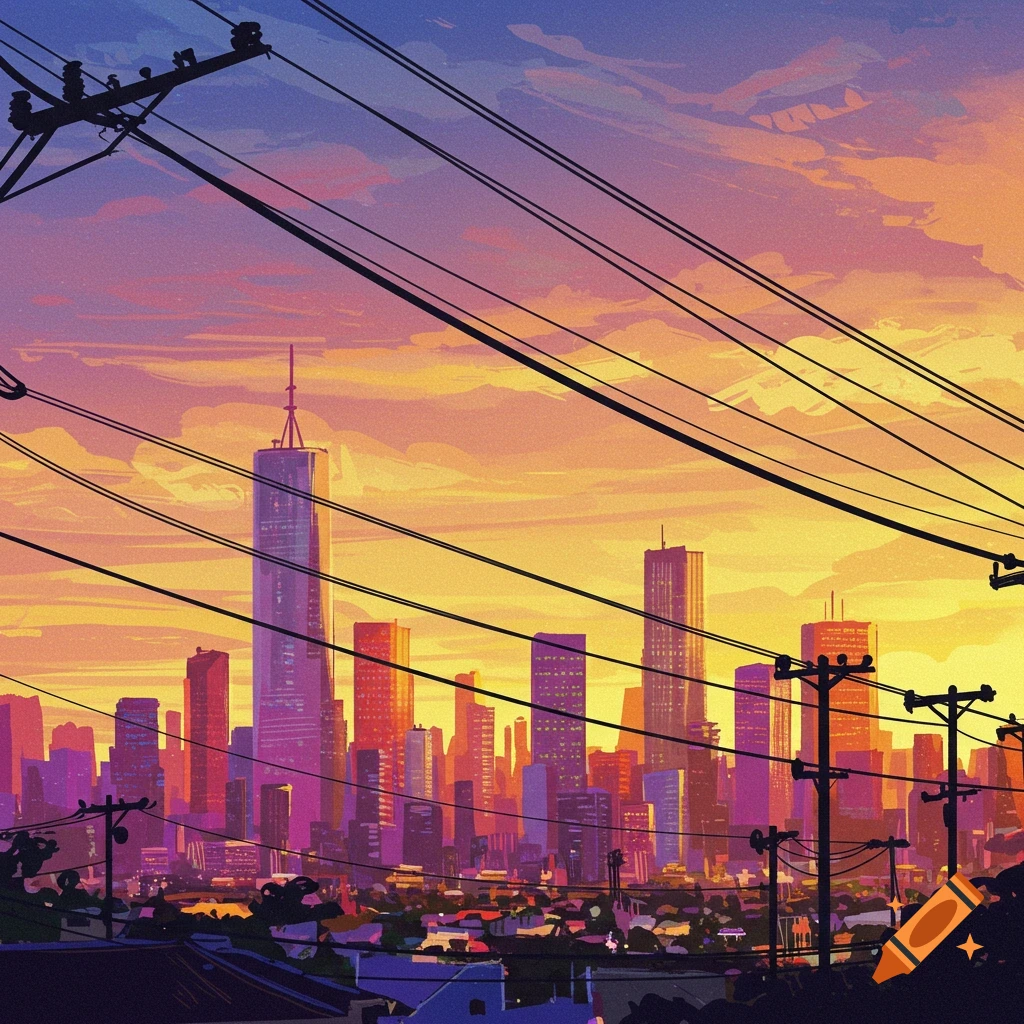 Powerlines silhouetted against a vibrant sunset cityscape.