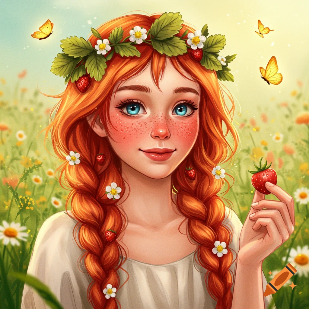 A young girl with red hair and freckles holds a strawberry in a field with flowers and butterflies.