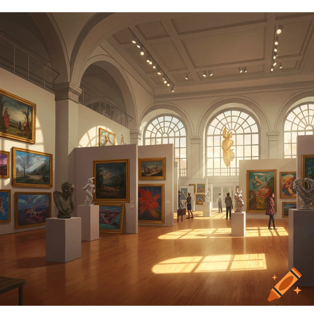 A spacious art gallery with paintings, sculptures, and visitors.