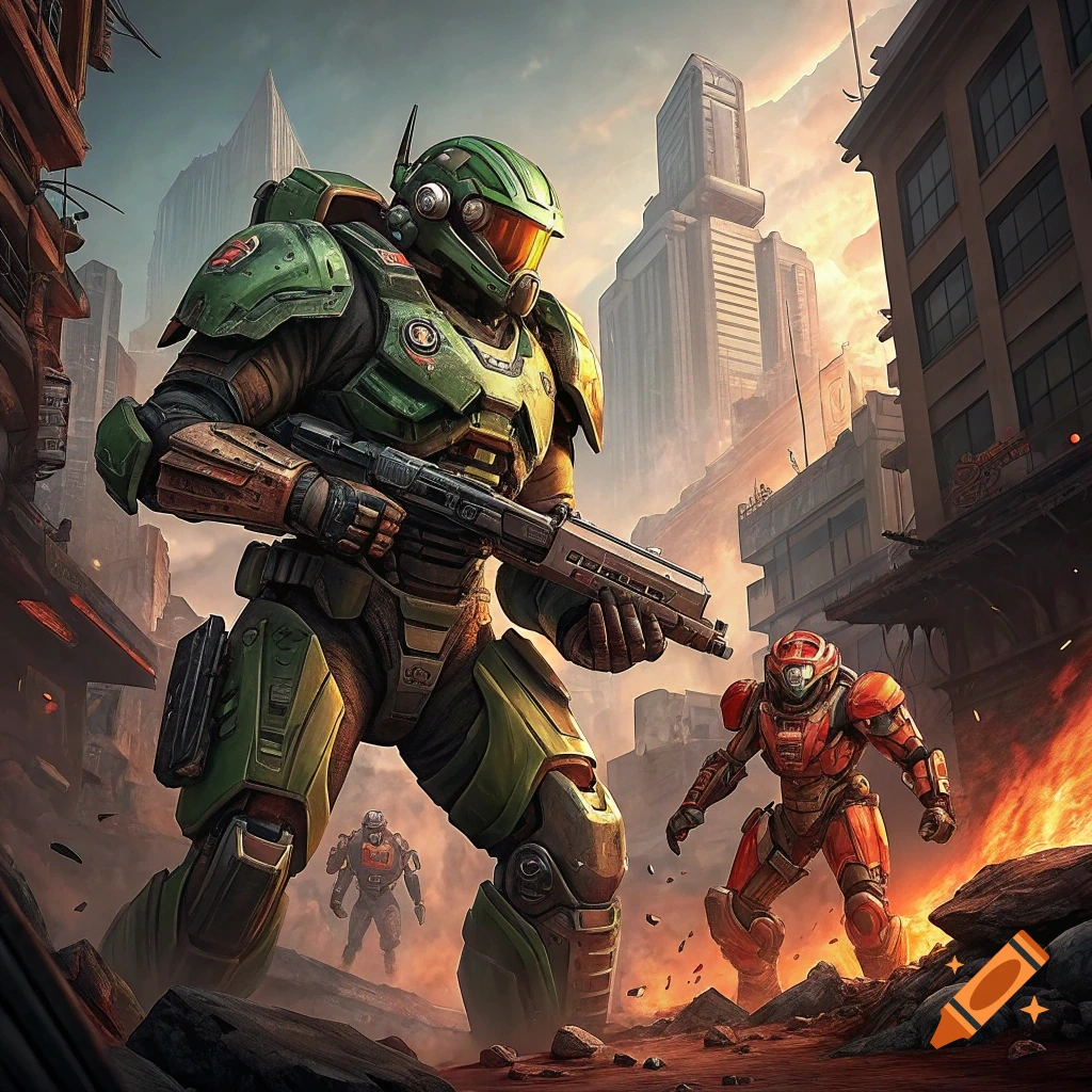 Two soldiers in power armor stand in a destroyed city.