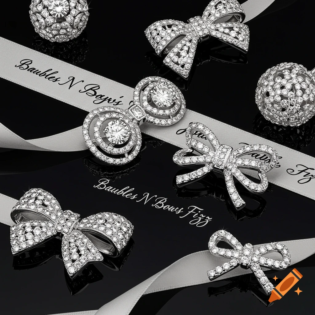 Close up of diamond bows, spheres, and ribbon with text on a black background.