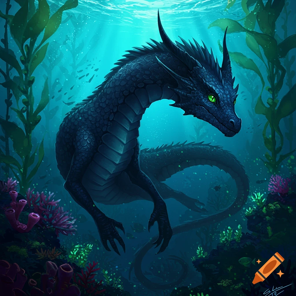 A dark blue sea dragon with green eyes swimming in an underwater kelp forest.