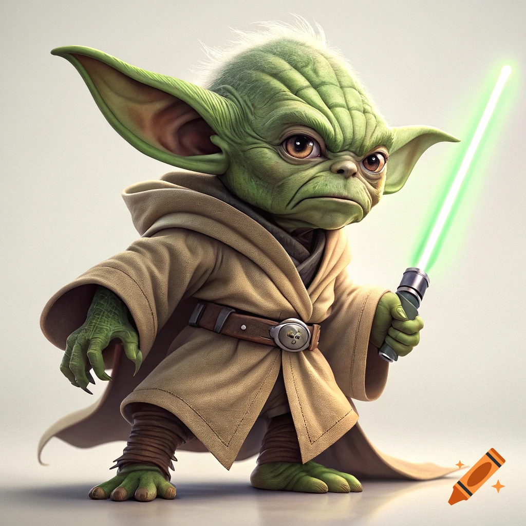 A stylized digital illustration of Yoda holding a glowing green lightsaber.