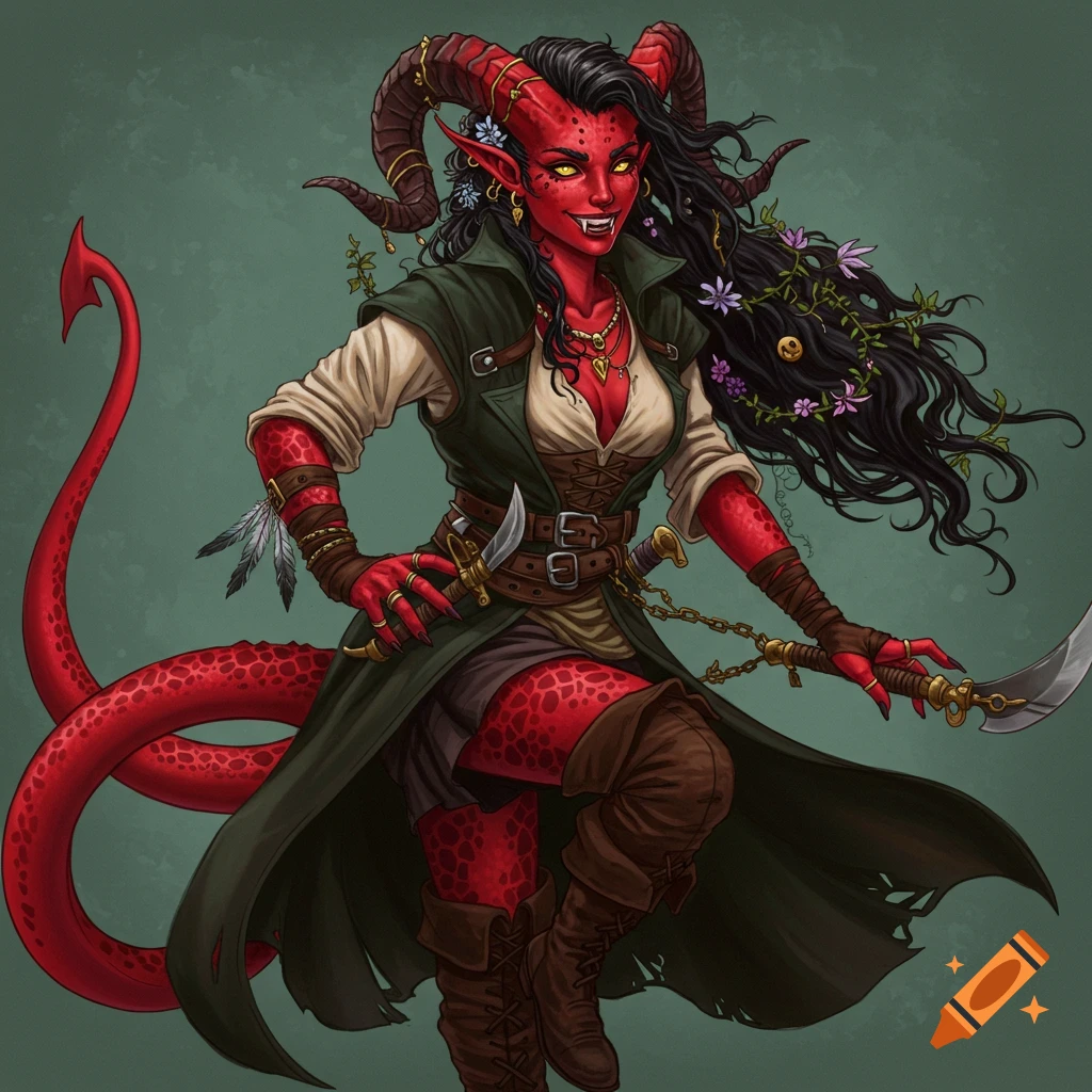 A female Tiefling pirate with red skin, horns, tail, cloak, and weapons.