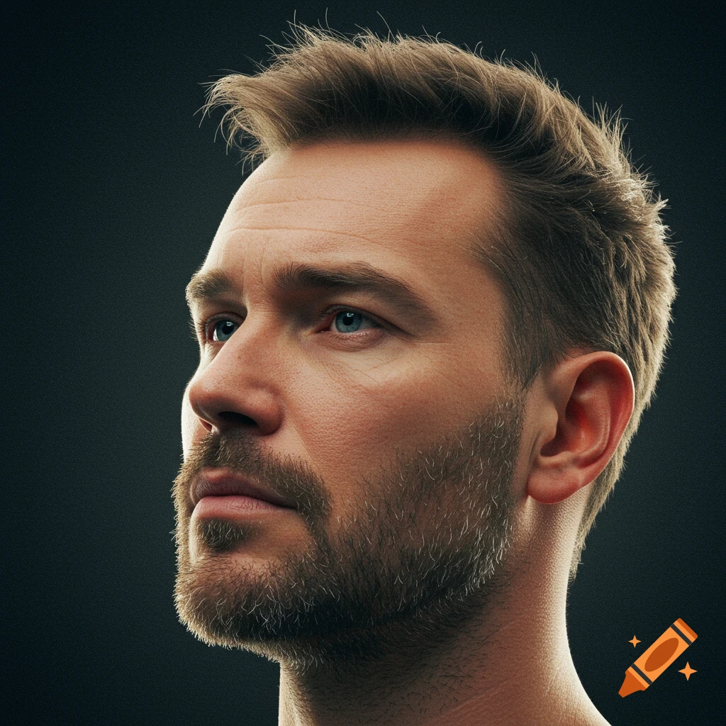 Close-up portrait of a man with blue eyes looking to the side.
