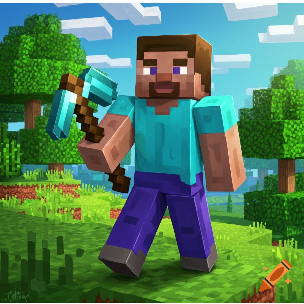 Steve from Minecraft holds a diamond pickaxe in a blocky landscape.
