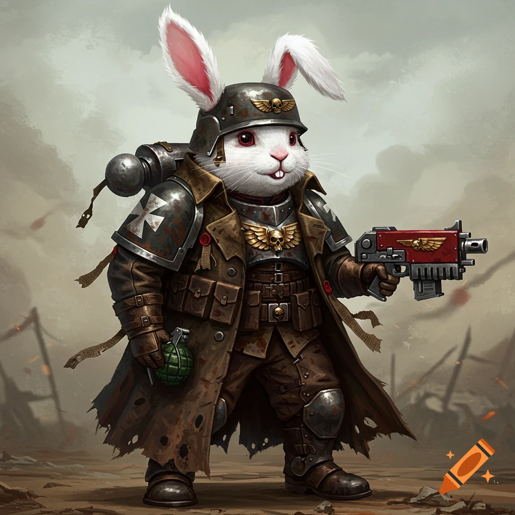 A white rabbit wearing a military uniform, holding a gun and a grenade on a battlefield