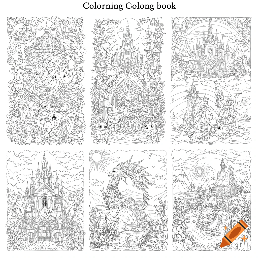 Six intricate black and white line art panels for coloring, showing fantasy creatures, castles, and landscapes.