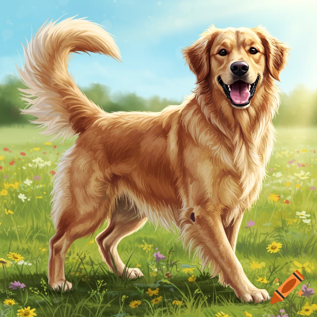 A golden retriever stands smiling in a sunny field of wildflowers.